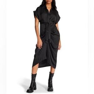 NWT Steve Madden Black Satin Belted Button Down Midi Dress Women’s Size 4